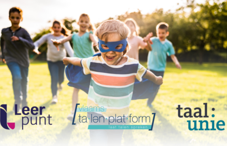 foto van enkele taalhelden met de logo's van de partners Vlaams Talenplatform, Taalunie en Leerpunt