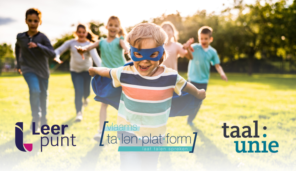 foto van enkele taalhelden met de logo's van de partners Vlaams Talenplatform, Taalunie en Leerpunt
